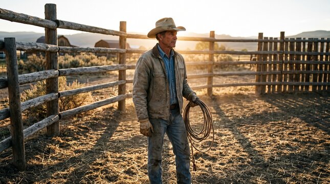 A mature cowboy wearing a hat and jacket holding a lasso inside a wooden corral during sunset.