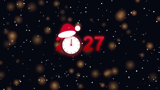 Festive digital new year countdown clock with a santa hat and snowfall on dark background