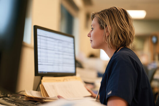 A skilled nurse engrossed in analyzing patient data on her computer, showcasing dedication and professionalism in a busy healthcare setting.