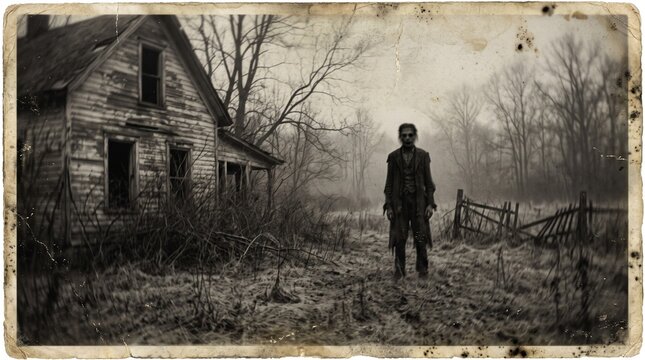 Faded vintage vintage horror photograph of scary dark shadowy figure standing in yard near abandoned creepy decayed farmhouse surrounded by foggy trees on gloomy winter day