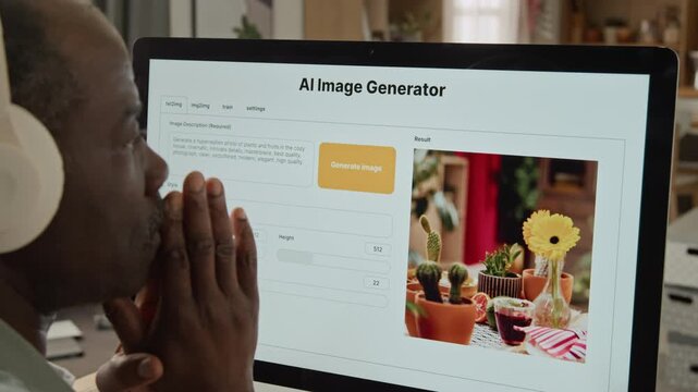Mature African American man watching AI image generator create artwork on computer screen. Clip fits artificial intelligence technology advertising, software tutorials, and creative workflows