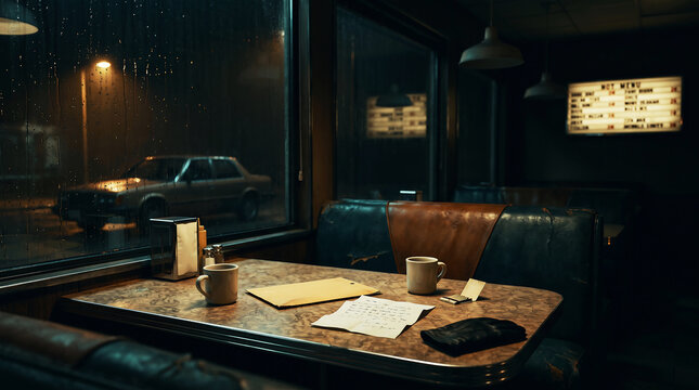 Cozy diner booth with coffee cups, notebook, and vintage menu on wooden table by large window