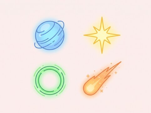 Four glowing cartoon-style cosmic elements including a ringed planet, a bright star, a green energy circle, and a fiery comet on a light background.