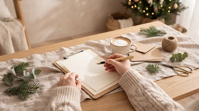 Woman writing Christmas card at wooden table with coffee cup and pine branch
