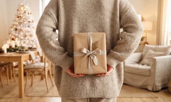 Person holding Christmas gift box behind back in cozy decorated room