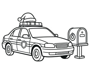 Police car with santa hat and mailbox coloring page for kids. © Artful Imprints