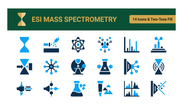 Set of 16 esi mass spectrometry icons with twotone fill