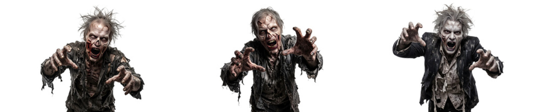 Set of scary walking dead zombies reaching out isolated on white background