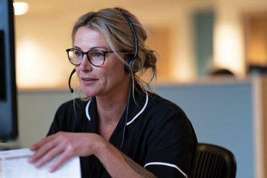 A confident healthcare professional wearing a headset efficiently communicates while managing patient information, highlighting the importance of support in medical environments.