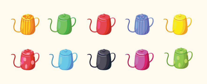 Set of ten colorful gooseneck kettles with patterns