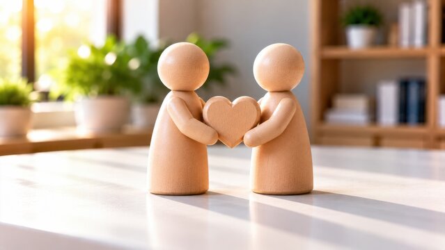 Two wooden figurines holding wooden heart shape symbolizing cooperation partnership and building positive relationships.