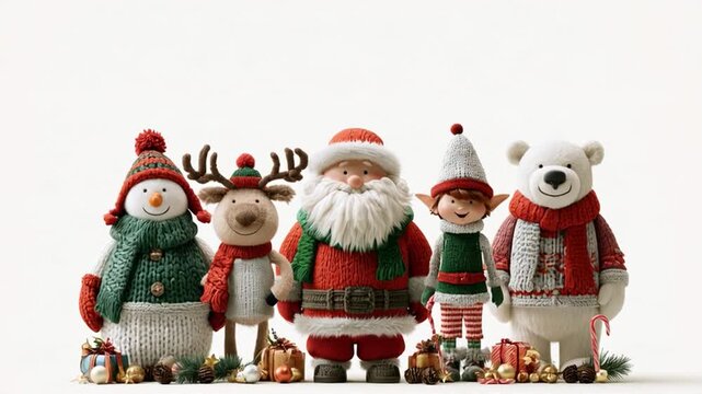 AI-generated video of cheerful characters a reindeer, Santa Claus, snowman, a polar bear, and an elf dancing and celebrating together in a Christmas magic theme, with a plain, white background.