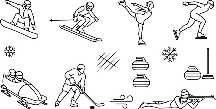 Winter sports activities outline icons collection featuring competitive snowboarding downhill skiing figure skating bobsled hockey and biathlon shooting