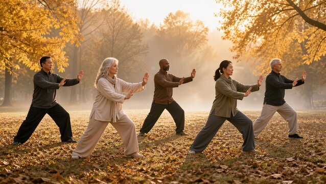 Diverse adults practicing Tai Chi in misty autumn park with golden leaves. Group of individuals in comfortable attire engaging in Tai Chi exercises among vibrant orange and yellow foliage.