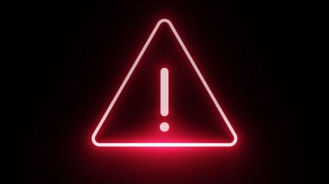 Glowing neon alert red warning triangle sign isolated on black background, 10s 4k transparent by screen blend video overlay, seamless looping danger exclamation motion graphic element