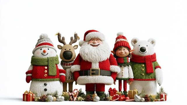 AI-generated video of cheerful characters a reindeer, Santa Claus, snowman, a polar bear, and an elf dancing and celebrating together in a Christmas magic theme, with a plain, white background.