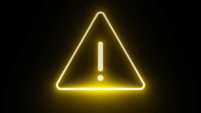 Glowing neon hazard yellow caution triangle sign isolated on black background, 10s 4k transparent by screen blend video overlay, seamless looping warning exclamation motion graphic element