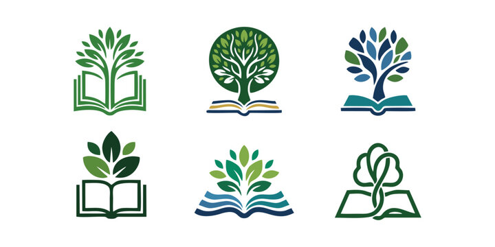 Tree and book logo icon set for education knowledge learning growth school academic and ecology library symbol