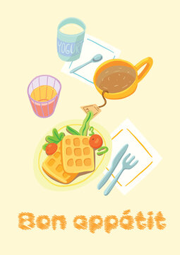 Bon appetit poster with waffles, tea and juice on yellow