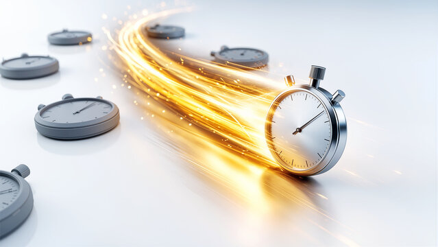 Fast Moving Stopwatch with Glowing Light Streak Outperforming Others, Representing Speed, Efficiency, Deadline Management, and High Performance