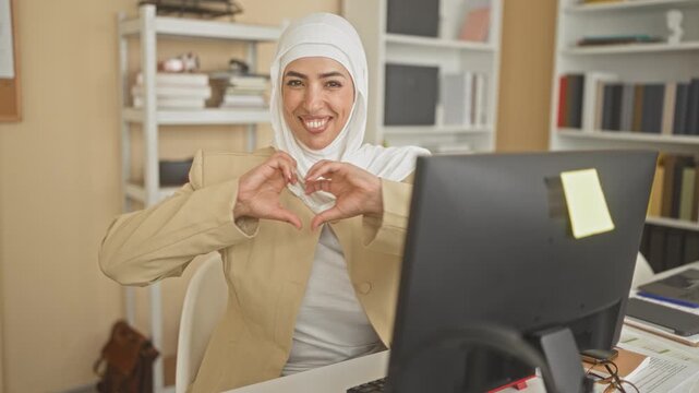 Woman at computer smiling forms heart shape with hands while seated at desk in a building office with monitor, shelves and papers visible; gratitude connection.
