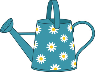 Cute floral blue watering can vector illustration, vintage daisy pattern metal watering pot clipart for gardening projects © AbuHuraira