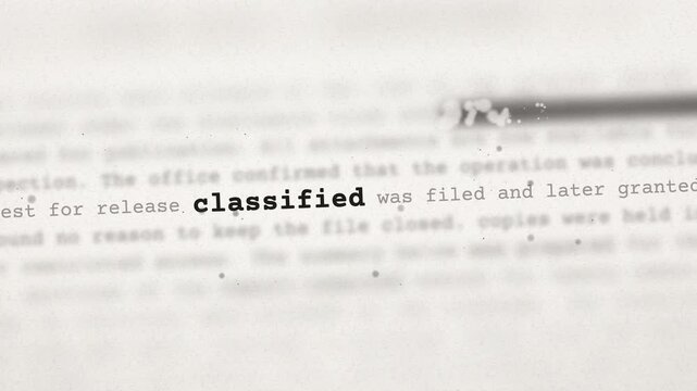 A redacted document transitions from classified to declassified with a red stamp for disclosure and transparency.
