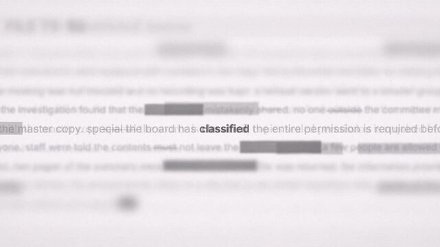 A top secret government document with redacted text and a bold classified label.