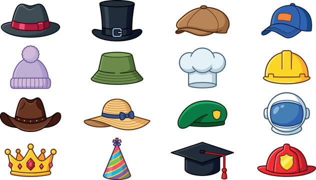 Hats and Headwear Vector Icon Set Featuring Diverse Collection of Caps Helmets Crown fedora Cowboy Hat and Beret for Graphic Designs and Web Elements