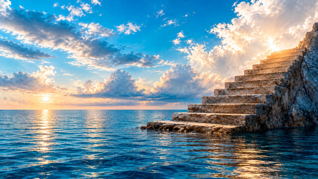 Stone stairs ascending from the ocean towards a bright cloudy sky at sunrise. Surreal landscape concept of journey and success. Stairway to heaven