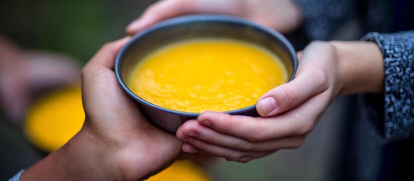 Close-up of two pairs of hands sharing a warm bowl of nourishing yellow soup, symbolizing care