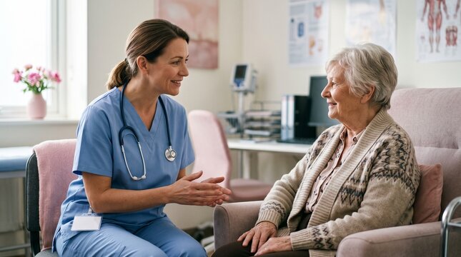 Nurse talking to elderly patient in a medical office setting