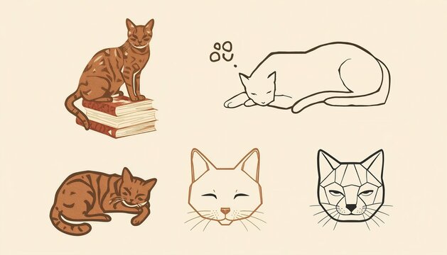 Collection of various cat art vector illustrations including woodcut style on books, continuous line art, linocut stamp, and geometric low poly cat head