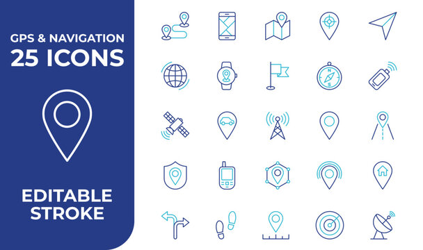 Gps and navigation line icon set for mobile app interface and digital map location design elements editable stroke