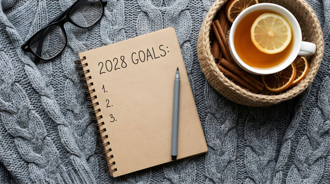 2028 Goals Notebook with Lemon Tea on Knitted Sweater