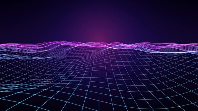 Neon wireframe terrain waving toward the horizon, seamless loop