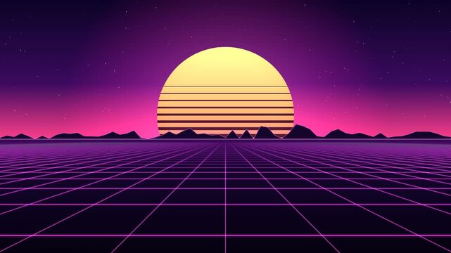 Retro synthwave sunset with neon grid floor moving forward, seamless loop