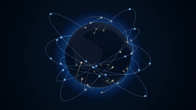 Rotating dotted digital globe with glowing arcs and orbit rings, seamless loop