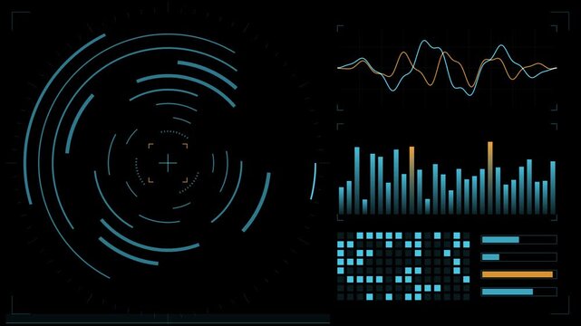 Futuristic HUD interface elements with rings, graphs and bars on black, seamless loop