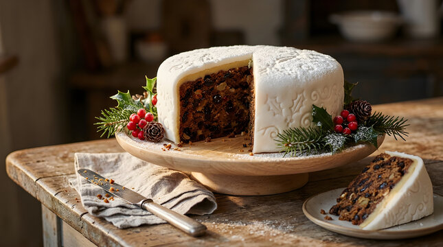Iced Traditional Christmas Fruit Cake on Wooden Stand