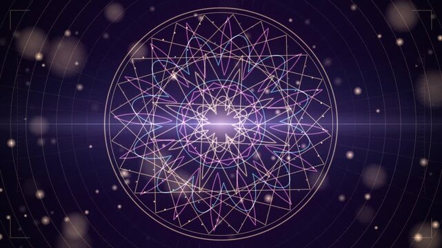 Rotating golden geometric mandala with layered stars and petals, seamless loop