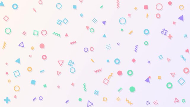 Colorful pastel geometric shapes floating on a light background, seamless loop