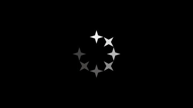 Video loading animation four stars in a circle spinnin, black and white black 