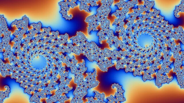 Swirling blue and gold Julia set fractal slowly evolving, seamless loop