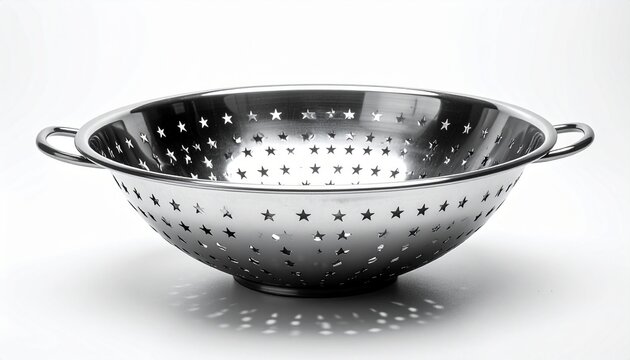 A professional studio shot of a stainless steel colander strainer bowl perforated star patterns hole on white background1