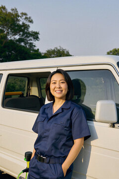 Smiling woman technician leaning on a service van holding a sprayer
