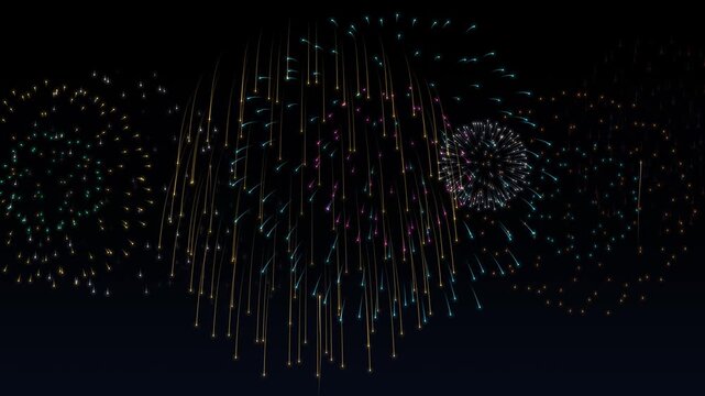 Colorful fireworks finale with rising trails and glittering bursts on black, seamless loop