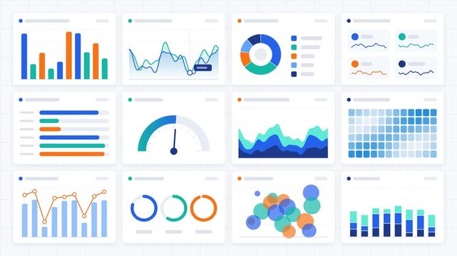 Animated flat infographic dashboard with charts and graphs on white, seamless loop