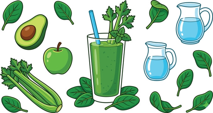 Green smoothie in tall glass with drinking straw celery stalks avocado green apple spinach leaves and water glass pitchers collection