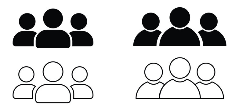 Professional user community icon collection with black filled silhouettes and outline graphics for teamwork, corporate profile and website